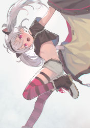 Rule 34 | 1girl, :o, antenna hair, belt, black footwear, black shirt, breasts, crop top, crop top overhang, fang, grey hair, grey shorts, hairband, highleg, highres, jacket, leg up, long hair, looking at viewer, matsukai mao, midriff, natsuhiko, nijisanji, off shoulder, open clothes, open jacket, open mouth, pink eyes, red thighhighs, shirt, shoes, short shorts, short sleeves, shorts, small breasts, solo, stomach, striped clothes, striped thighhighs, thigh strap, thighhighs, thighs, twintails, virtual youtuber