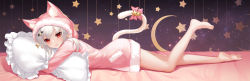 Rule 34 | absurdres, animal ears, animal hood, bare legs, barefoot, bed, cat ears, cat girl, cat tail, character request, copyright request, feet, hair ornament, hairclip, highres, hood, hood up, hoodie, medium hair, hugging object, pajamas, pillow, pillow hug, red eyes, silver hair, solo, sramy, star (symbol), tail, tail ornament, tail raised, tail ring