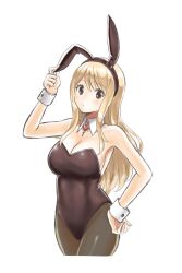 Rule 34 | 1girl, black leotard, breasts, cleavage, fairy tail, highres, large breasts, leotard, lucy heartfilia, playboy bunny, simple background, solo