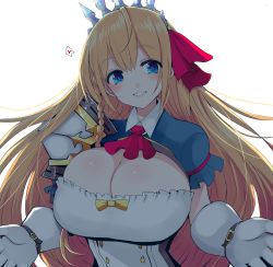Rule 34 | 1girl, big hair, blue eyes, blush, braid, breasts, buttons, cleavage, corset, french braid, gloves, grin, han (jackpot), highres, huge breasts, long hair, looking at viewer, orange hair, pecorine (princess connect!), princess connect!, red neckwear, shoulder plates, simple background, smile, solo, tiara, white background, white gloves