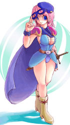 Rule 34 | 1990s (style), 1girl, blue eyes, blue mage, boots, breasts, cape, domino mask, covered erect nipples, female focus, final fantasy, final fantasy v, full body, hat, large breasts, lenna charlotte tycoon, mask, unworn mask, nuke michi, nukemichi, pink hair, smile, solo, sword, weapon