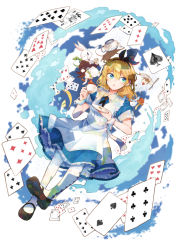 Rule 34 | 1girl, :o, alice (alice in wonderland), alice in wonderland, apron, black footwear, black neckwear, blonde hair, blue dress, blue eyes, card, collared dress, commentary request, cup, dress, frilled apron, frills, full body, hairband, highres, itomugi-kun, looking to the side, march hare (wonderland), mary janes, medium hair, neck ribbon, open mouth, petticoat, playing card, rabbit, ribbon, saucer, shoes, short sleeves, tea, teacup, teapot, thighhighs, white thighhighs, wrist cuffs