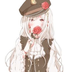 Rule 34 | 1girl, album cover, blouse, blush, closed mouth, cover, covered mouth, flower, flower over mouth, half-closed eyes, hand up, hat, hat flower, hiro (hirohiro31), holding, holding flower, long hair, long sleeves, looking at viewer, original, peaked cap, red eyes, red flower, red rose, rose, shirt, simple background, solo, tsurime, upper body, vest, white background, white shirt