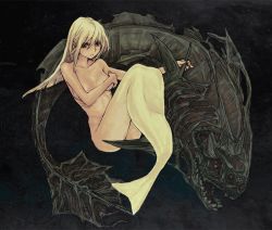 1girl blonde_hair breast_hold breasts cleavage coelacanth covering_breasts covering_privates deku_(not_equal) female_focus fish gills mermaid monster_girl original red_eyes small_breasts solo underwater