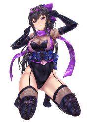 Rule 34 | 1girl, arm guards, armor, black hair, black leotard, boots, bow, breasts, cross-laced footwear, elbow gloves, fishnet thighhighs, fishnets, floral print, full body, garter straps, gloves, hair bow, hairband, highres, holding, japanese clothes, kneeling, kunoichi (sengoku musou), lace-up boots, large breasts, leotard, ninja, obi, original, purple eyes, purple scarf, sash, scarf, shiny clothes, shiny skin, sidelocks, solo, string, thigh boots, thighhighs, toriatto gununu, transparent background
