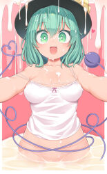 Rule 34 | 1girl, :d, absurdres, aqua eyes, aqua hair, bottomless, bow, breasts, bright pupils, chocolate, collarbone, cowboy shot, eyeball, harunoha, hat, hat bow, heart, heart of string, highres, incoming hug, komeiji koishi, looking at viewer, medium breasts, medium hair, no panties, open mouth, outstretched arms, partially submerged, pink background, smile, strap slip, suggestive fluid, tank top, third eye, touhou, white chocolate, white day, white pupils, white tank top, yellow bow