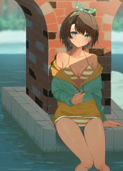 Rule 34 | 1girl, :o, absurdres, arch, bare legs, bare shoulders, bikini, bikini under clothes, blue eyes, blurry, bow hairband, breasts, brown hair, cleavage, collarbone, depth of field, dot nose, drawstring, evening, feet out of frame, hairband, halterneck, highres, holding, hololive, jacket, long sleeves, looking at viewer, medium breasts, multicolored clothes, multicolored jacket, off shoulder, oozora subaru, oozora subaru (hololive summer 2019), outdoors, parted lips, polka dot hairband, short hair, sidelocks, sitting, sl10 d, solo, string bikini, striped bikini, striped clothes, swept bangs, swimsuit, thighs, two-tone jacket, virtual youtuber, water