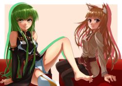 Rule 34 | 2girls, animal ear fluff, animal ears, bad id, bad pixiv id, barefoot, brown hair, c.c., code geass, feet, female focus, green hair, holo, isshi pyuma, long hair, long legs, looking at viewer, multiple girls, red eyes, shoes, single shoe, sitting, spice and wolf, spread toes, toes, very long hair, wolf ears, yellow eyes