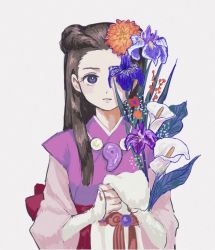 Rule 34 | 1girl, ace attorney, blue eyes, braid, brown hair, flower, holding, holding clothes, holding flower, iris (ace attorney), japanese clothes, jewelry, long hair, long sleeves, magatama, magatama necklace, necklace, no bangs, one eye covered, parted lips, phoenix wright: ace attorney - trials and tribulations, renshu usodayo, simple background, solo