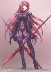 Rule 34 | 1girl, armor, artist name, bodysuit, breasts, covered navel, dual wielding, fate/grand order, fate (series), flipped hair, full body, gae bolg (fate), gluteal fold, greaves, hair between eyes, highres, holding, inoue sora, large breasts, long hair, looking at viewer, parted lips, pauldrons, polearm, purple eyes, purple hair, scathach (fate), shoulder armor, simple background, solo, spear, standing, twitter username, very long hair, weapon