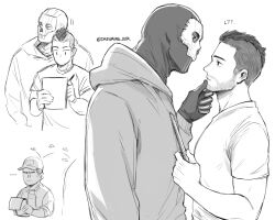 Rule 34 | ..., 3boys, baseball cap, call of duty, call of duty: modern warfare 2, couple, dreaming oor, facial hair, gaz (call of duty 4), ghost (modern warfare 2), gloves, greyscale, hat, highres, holding, holding pen, hood, hood down, hoodie, jacket, looking at another, male focus, mask, monochrome, multiple boys, open clothes, open jacket, pen, shirt, short hair, skull mask, soap (modern warfare 2), yaoi