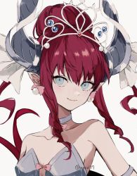 Rule 34 | 1girl, bare shoulders, blue dress, blue eyes, breasts, commentary request, detached sleeves, dragon girl, dragon horns, dragon tail, dress, earrings, elizabeth bathory (cinderella rider) (fate), elizabeth bathory (fate), fate/grand order, fate (series), gloves, highres, horns, jewelry, light blush, long hair, looking at viewer, nozz177, pink hair, pointy ears, simple background, small breasts, smile, solo, tail, tiara, twitter username, upper body, white background