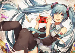 Rule 34 | 1girl, aqua eyes, aqua hair, camera, detached sleeves, hatsune miku, headset, long hair, necktie, open mouth, photo (object), skirt, solo, thighhighs, twintails, very long hair, vocaloid, yunomachi