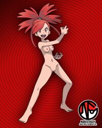 Rule 34 | 1girl, absurdres, arm across chest, armpits, artist name, asymmetrical bangs, barefoot, breasts, cleft of venus, clenched hands, collarbone, completely nude, creatures (company), determined, eyelashes, feet, female focus, fingernails, flannery (pokemon), full body, game freak, gym leader, hair ornament, hand up, high ponytail, highres, legs, long hair, looking at viewer, matching hair/eyes, medium breasts, navel, neck, nilterguy, nintendo, nipples, nude, nude filter, official art nude filter, open mouth, pokemon, pokemon oras, ponytail, pussy, red background, red eyes, red hair, sidelocks, spread legs, standing, swept bangs, thighs, third-party edit, toenails, toes, unworn clothes, v-shaped eyebrows, very long hair, wide ponytail