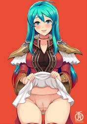 Rule 34 | 1girl, aqua hair, armor, blue eyes, blush, breastplate, breasts, cameltoe, cape, choker, cleft of venus, clothes lift, clothing aside, commentary, eirika (fire emblem), english commentary, facing viewer, fat mons, fire emblem, fire emblem: the sacred stones, fire emblem heroes, hair between eyes, holding panties, large breasts, lifting own clothes, long hair, nintendo, panties, pauldrons, presenting removed panties, revolverwing, shoulder armor, skirt, skirt lift, smile, solo, standing, thighhighs, underwear, wide sleeves