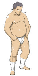 Rule 34 | 1boy, bulge, fat, fat man, full body, male focus, naop, nipples, original, topless male, simple background, solo, toes, underwear, undressing, white background