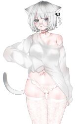 Rule 34 | 1girl, ahoge, animal ears, blush, breasts, cat ears, cat girl, cat tail, clothes lift, collarbone, grey eyes, grey hair, hair ornament, highres, lace thighhighs, long sleeves, medium breasts, musui shiro, off shoulder, open mouth, original, panda hair ornament, panties, skindentation, solo, sweater, sweater lift, tail, thighhighs, underwear, white background, white panties, white sweater, white thighhighs