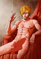 Rule 34 | 1boy, abs, absurdres, bara, blonde hair, censored, cigarette, completely nude, curly eyebrows, facial hair, feet out of frame, frown, goatee, hair over one eye, highres, holding, holding cigarette, looking at viewer, male focus, male pubic hair, mature male, navel, navel hair, nipples, nude, one piece, pectorals, pubic hair, sanji (one piece), short hair, sitting, smoke, smokerichi, solo, stomach, toned, toned male