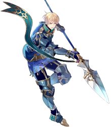 Rule 34 | 1boy, armor, belt, blonde hair, clive (fire emblem), fire emblem, fire emblem echoes: shadows of valentia, fire emblem heroes, full body, gauntlets, highres, holding, holding weapon, kotetsu (popeethe), looking away, male focus, mole, mole under mouth, nintendo, official art, open mouth, polearm, purple eyes, short hair, solo, spear, transparent background, weapon