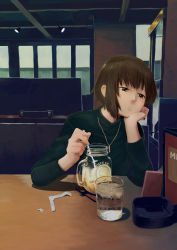 Rule 34 | 1girl, amefurashi, androgynous, arm support, brown eyes, brown hair, cellphone, commentary request, drinking straw, head rest, highres, iced coffee, indoors, jewelry, necklace, original, partial commentary, phone, short hair, smartphone, solo