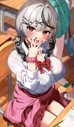 Rule 34 | 2girls, absurdres, black hair, blush, bow, bowtie, breasts, chair, cleavage, clothes around waist, collared shirt, desk, dress shirt, grey hair, hair ornament, highres, hololive, jacket, jacket around waist, large breasts, long sleeves, looking at viewer, low twintails, medium hair, multicolored hair, multiple girls, open mouth, pink jacket, red eyes, red skirt, sakamata chloe, school desk, scrunchie, shirt, short twintails, sitting, skirt, smile, solo focus, streaked hair, thighs, twintails, uuroncha, virtual youtuber, white shirt, wrist scrunchie, x hair ornament