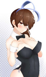 Rule 34 | 10s, 1girl, animal ears, bare shoulders, black bow, black bowtie, blush, bow, bowtie, breasts, brown hair, collarbone, covered navel, detached collar, fake animal ears, hairband, hands on own chest, highres, kaga (kancolle), kantai collection, large breasts, leotard, long hair, looking at viewer, ninoude (ninoude44), playboy bunny, rabbit ears, rabbit tail, short hair, side ponytail, solo, tail, wrist cuffs