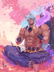 Rule 34 | 1boy, abs, absurdres, animal ears, apple, baggy pants, bara, barefoot, bead anklet, bead belt, bead necklace, beads, belt, cherry blossoms, cloud, cloudy sky, crossed legs, falling petals, food, fruit, grass, highres, hitodama, jewelry, large pectorals, league of legends, long hair, male focus, manly, mature male, muscular, muscular male, necklace, nipples, no shirt, official alternate costume, outdoors, pants, pear, pectorals, petals, punbun 4fun, scar, scar on face, sett (league of legends), sitting, sky, smile, solo, spirit, spirit blossom (league of legends), spirit blossom sett, thick arms, thick eyebrows, tree, white hair, wristband, yellow eyes