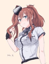 Rule 34 | 1girl, achii adachi, bad id, bad pixiv id, beige background, black gloves, blue eyes, breast pocket, breasts, brown hair, dress, fingerless gloves, gloves, hair between eyes, hair ornament, kantai collection, large breasts, pocket, ponytail, saratoga (kancolle), saratoga mk ii (kancolle), side ponytail, sidelocks, simple background, smile, smokestack, solo, upper body, white dress