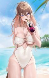 Rule 34 | 1girl, beach, blue eyes, blue sky, breasts, brown hair, cleavage, cloud, covered erect nipples, cup, drinking straw, expulse, holding, holding cup, large breasts, long hair, nail polish, nipple piercing, o-ring, o-ring swimsuit, ocean, one-piece swimsuit, original, palm tree, piercing, sky, swimsuit, tree, underboob, white one-piece swimsuit