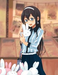 Rule 34 | 1girl, alternate costume, annin musou, bad id, bad twitter id, bag, black hair, blouse, blue eyes, blue skirt, commentary request, cowboy shot, flying sweatdrops, hairband, handbag, highres, kantai collection, long hair, looking at viewer, ooyodo (kancolle), rabbit, rabbit head, semi-rimless eyewear, shirt, skirt, smile, solo, striped clothes, striped shirt, stuffed toy, under-rim eyewear, white hairband