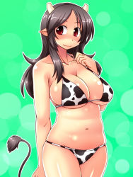 Rule 34 | 1girl, animal ears, animal print, belly, bikini, breasts, cleavage, cow ears, cow girl, cow print, cow tail, highres, large breasts, navel, nokoppa, original, shiny skin, solo, swimsuit, tail, underboob
