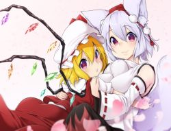 Rule 34 | 2girls, aki (akikaze asparagus), animal ears, ass, blonde hair, breasts, closed mouth, detached sleeves, flandre scarlet, hat, hat ribbon, hug, inubashiri momiji, looking at viewer, mob cap, multiple girls, pom pom (clothes), red eyes, red ribbon, red skirt, ribbon, ribbon-trimmed sleeves, ribbon trim, sitting, skirt, skirt set, smile, tail, tokin hat, touhou, vest, white hair, white hat, wings, wolf ears, wolf tail