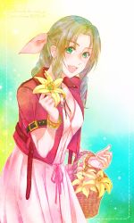 Rule 34 | 1girl, 39cva, aerith gainsborough, belt, bracelet, braid, breasts, brown hair, cleavage, cropped jacket, curly hair, dress, final fantasy, final fantasy vii, final fantasy vii remake, flower, flower basket, gradient background, green eyes, hair ribbon, highres, holding, holding flower, jacket, jewelry, lily (flower), long dress, loveless avenue, necklace, open mouth, pink dress, pink flower, pink ribbon, red jacket, ribbon, smile, solo, square enix, teeth, upper teeth only, yellow flower