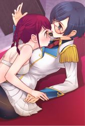 Rule 34 | 2girls, blue eyes, braid, cat hair ornament, commentary request, face-to-face, glasses, hair ornament, multiple girls, niina ryou, red-framed eyewear, red hair, shigure kasumi, short twintails, tokonome mamori, twin braids, twintails, uniform, valkyrie drive, valkyrie drive -mermaid-, yellow eyes, yuri