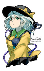 Rule 34 | 1girl, character name, female focus, green eyes, hat, heart, heart of string, komeiji koishi, looking at viewer, oso (toolate), simple background, solo, third eye, touhou, upper body, white hair