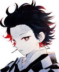 Rule 34 | 1boy, black hair, checkered clothes, checkered kimono, earrings, floating hair, from side, hair slicked back, hanafuda earrings, highres, japanese clothes, jewelry, kamado tanjirou, kimetsu no yaiba, kimono, long sleeves, looking at viewer, male focus, mintiaorion, monochrome, multicolored hair, portrait, red eyes, red hair, scar, scar on face, scar on forehead, short hair, simple background, solo, spot color, streaked hair