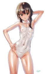 Rule 34 | absurdres, brown hair, cleft of venus, competition swimsuit, flat chest, highres, kono subarashii sekai ni shukufuku wo!, megumin, nipples, one-piece swimsuit, pussy, rahime, red eyes, swimsuit, thigh gap, thighs, transparent, wet, wet clothes, wet swimsuit