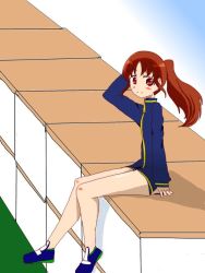Rule 34 | 1girl, bare legs, female focus, jacket, long sleeves, naked jacket, outdoors, saki (manga), sky, solo, takakamo shizuno, track jacket