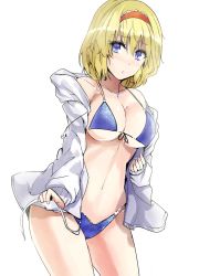 Rule 34 | 1girl, alice margatroid, bikini, blonde hair, blue bikini, blue eyes, bow, breasts, cowboy shot, hair bow, hairband, highres, jacket, jewelry, large breasts, lolita hairband, long sleeves, looking at viewer, navel, open clothes, open jacket, parted lips, pendant, short hair, simple background, solo, stomach, swimsuit, thighs, touhou, white background, y2