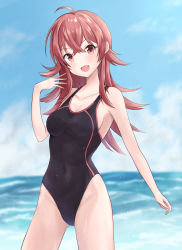 Rule 34 | 1girl, ahoge, andon, black one-piece swimsuit, blue sky, breasts, cloud, competition swimsuit, day, highres, horizon, idolmaster, idolmaster shiny colors, komiya kaho, long hair, looking at viewer, ocean, one-piece swimsuit, outdoors, pink eyes, red hair, sky, small breasts, smile, solo, standing, swimsuit