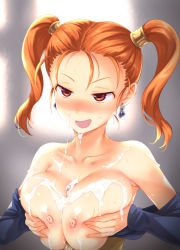 Rule 34 | 1girl, breast hold, breasts, breasts out, cum, cum on body, cum on breasts, cum on upper body, dragon quest, dragon quest viii, earrings, fuyube rion, highres, jessica albert, jewelry, large breasts, nipples, open mouth, orange hair, paizuri, penis, smug, twintails, uncensored
