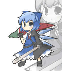 Rule 34 | 1girl, adapted costume, advent cirno, bad id, bad pixiv id, blue hair, bow, cirno, detached wings, dual wielding, hair bow, highres, holding, ice, ice wings, long sleeves, short hair, short sleeves, solo, standing, sword, touhou, weapon, wings, yuasan