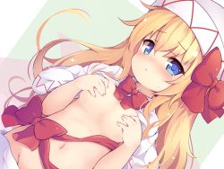 Rule 34 | 1girl, :o, baku-p, blonde hair, blue eyes, blush, bow, breasts, capelet, clothes pull, commentary request, covering breasts, covering privates, dutch angle, hands up, hat, hat bow, lily white, long hair, looking at viewer, lying, navel, no panties, on back, parted lips, red bow, red neckwear, skirt, skirt pull, small breasts, solo, sweat, touhou, white capelet, white hat, white skirt