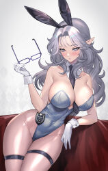 Rule 34 | 1girl, :o, animal ears, arm support, badge, bare shoulders, between breasts, blush, breasts, cleavage, cleavage cutout, clothing cutout, covered navel, detached collar, elf, fake animal ears, glasses, gloves, grey leotard, highleg, highleg leotard, highres, hitowa, holding, holding removed eyewear, large breasts, leotard, looking at viewer, necktie, original, pantyhose, playboy bunny, pointy ears, police badge, rabbit ears, solo, unworn eyewear, white background, white gloves