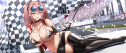 Rule 34 | 1girl, alternate costume, arm support, azur lane, bare shoulders, bikini, bikini under clothes, black bikini, black choker, black footwear, black gloves, black skirt, blue sky, blurry, blurry background, blush, boots, breasts, bremerton (azur lane), car, checkered flag, choker, cleavage, cloud, collarbone, commentary, confetti, covered erect nipples, day, elbow gloves, eyewear on head, fanbox username, flag, fouriasensei, full body, gloves, groin, hair between eyes, highleg, highleg bikini, highres, holding, holding flag, large breasts, long hair, looking at viewer, mole, mole on breast, mole under eye, motor vehicle, multicolored hair, navel, open clothes, open mouth, open vest, outdoors, patreon username, pencil skirt, pink eyes, pink hair, race queen, race vehicle, racecar, racetrack, red vest, shadow, sidelocks, sitting, skirt, sky, solo, stomach, sunglasses, swimsuit, teeth, thigh boots, thigh gap, thighhighs, tinted eyewear, twintails, underboob, upper teeth only, vest, yokozuwari