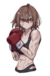 Rule 34 | 1girl, abs, ahoge, bandaid, biceps, boxing gloves, breasts, brown eyes, brown hair, cleavage, crop top, highres, medium breasts, muscular, muscular female, nikomicapchi, original, scar, short hair, solo, sweatdrop, toned