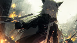 Rule 34 | 1girl, animal ears, arknights, blurry, building, commentary, cowboy shot, dark, enomaru saku, fire, hair between eyes, holding, holding weapon, lappland (arknights), long hair, long sleeves, looking at viewer, outdoors, parted lips, scar, scar across eye, scar on face, smile, solo, weapon, white hair, wide sleeves, wolf ears, wolf girl, yellow eyes