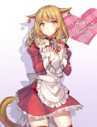Rule 34 | 10s, 1girl, animal ears, apron, blonde hair, blush, candy, cat ears, cat tail, chocolate, chocolate heart, choker, colored eyelashes, dress, ear ornament, final fantasy, final fantasy xiv, food, happy valentine, heart, holding, long hair, looking at viewer, maid, maid apron, miqo&#039;te, momoko (momopoco), red thighhighs, shadow, slit pupils, solo, tail, thighhighs, valentine, warrior of light (ff14), yellow eyes, zettai ryouiki