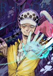 Rule 34 | 1boy, donquixote rocinante, facial hair, fighting, hand up, hat, highres, holding, holding sword, holding weapon, male focus, one piece, santa65, solo focus, sword, trafalgar law, weapon, yellow eyes