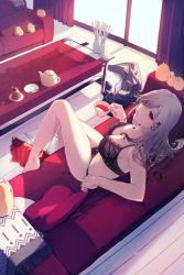 Rule 34 | 1girl, absurdres, alternate costume, animal, azur lane, bare arms, bare legs, bare shoulders, barefoot, bird, black bra, black panties, bra, chick, commentary request, commission, couch, cup, curtains, dunkerque (azur lane), eyes visible through hair, from above, from behind, glass table, grey hair, hair over one eye, hatski.sin, highres, holding, holding cup, indoors, knee up, long hair, looking at viewer, looking back, looking up, manjuu (azur lane), on couch, panties, parted lips, pillow, pixiv commission, red eyes, saucer, sitting, solo, table, teacup, teapot, underwear, underwear only, window, wooden floor